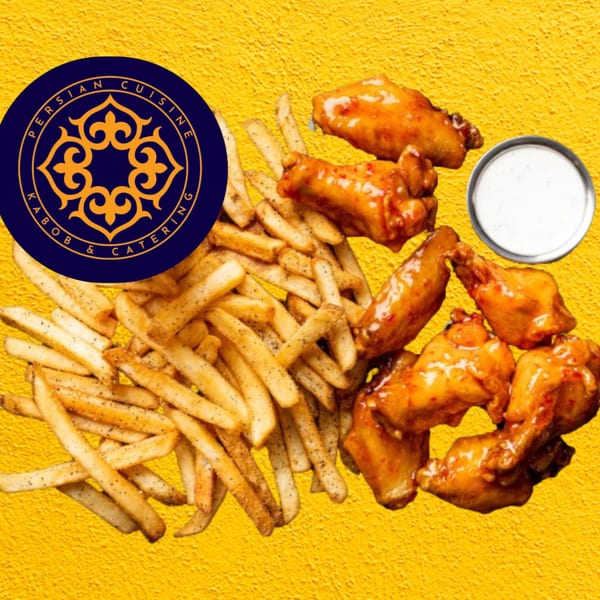 BÖRO KABOB's logo, a side of fries, and chicken wings with a dipping sauce.
