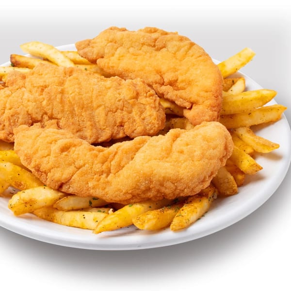 Golden-brown fried chicken tenders and seasoned french fries on a white plate.