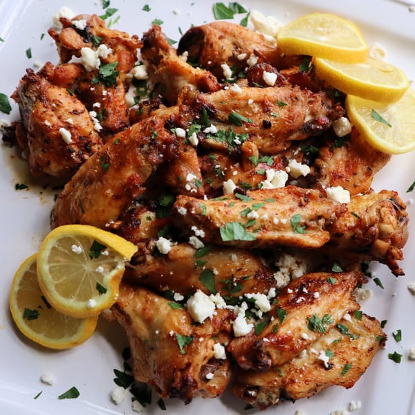 A white platter of BÖRO KABOB chicken wings, garnished with feta, parsley, and lemon slices.