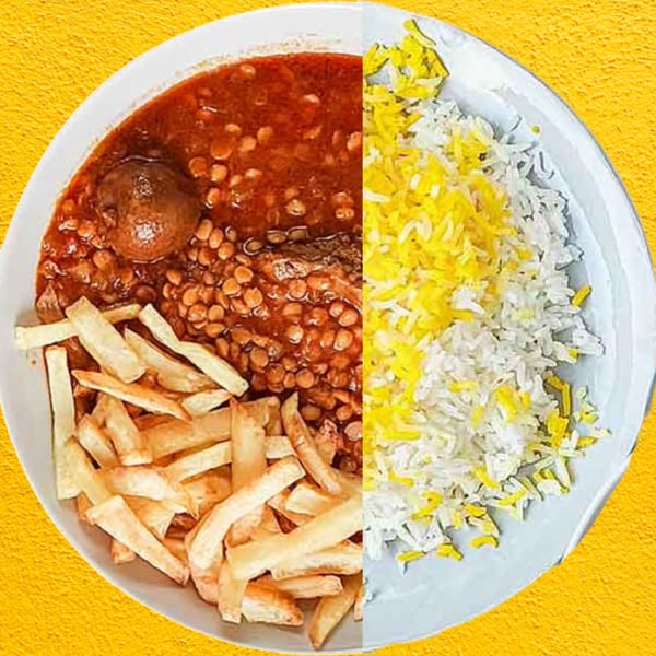Persian dish with red stew, lentils, fries, and saffron rice on a white plate.