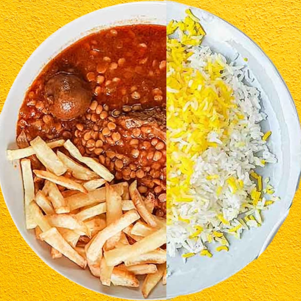Persian dish with red stew, lentils, fries, and saffron rice on a white plate.